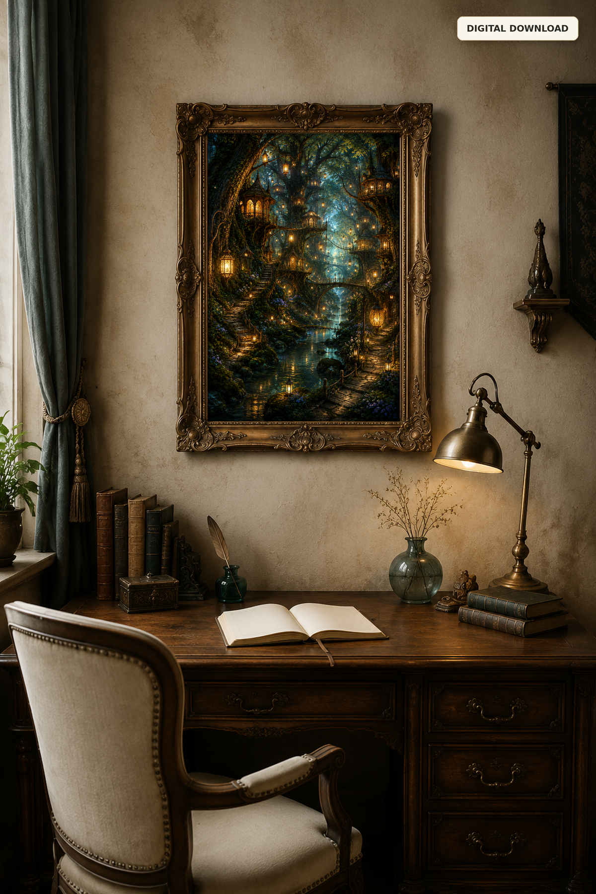 Enchanted Forest Wall Art, Fantasy Treehouse Village Printable, Lantern Lit Woodland Decor, Dark Academia Digital Download