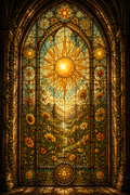 Sun Stained Glass Wall Art, Golden Celestial Window Print, Gothic Sunflower Fantasy Decor, Printable Digital Download