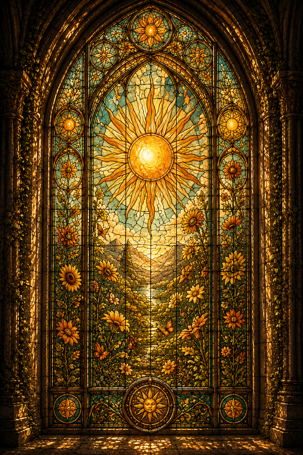 Sun Stained Glass Wall Art, Golden Celestial Window Print, Gothic Sunflower Fantasy Decor, Printable Digital Download