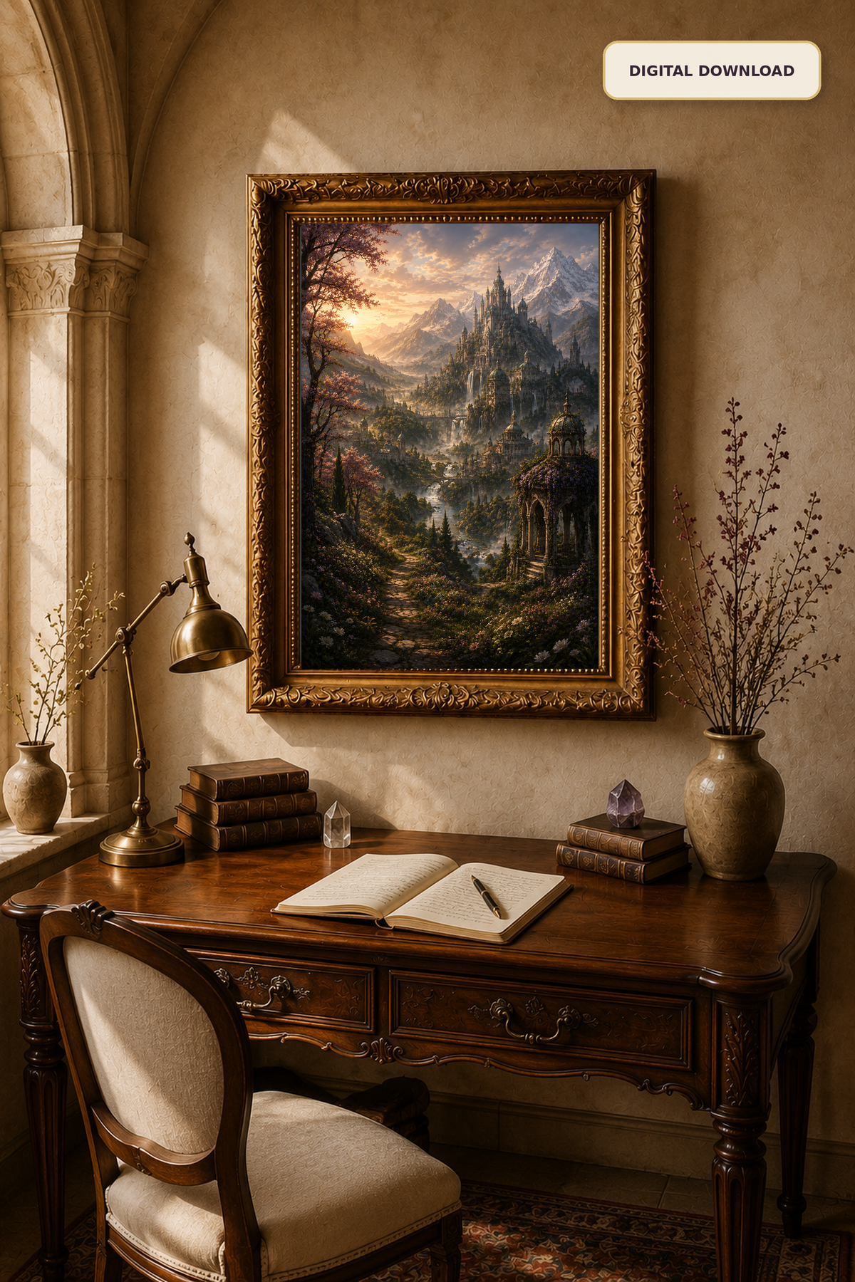 Fantasy Castle Wall Art, Enchanted Mountain Landscape Printable, Romantic Reading Nook Decor, Digital Download