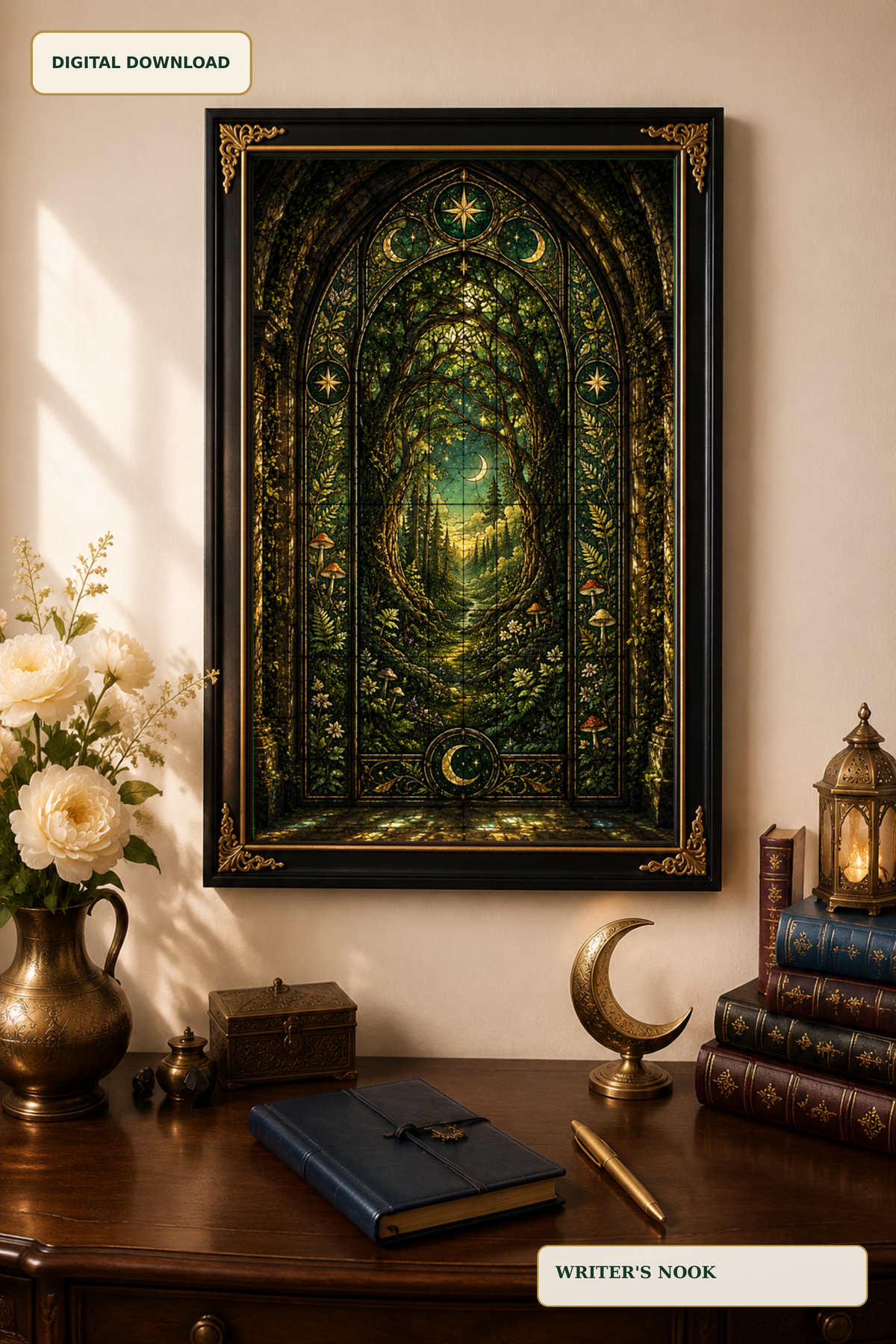 Enchanted Forest Stained Glass Wall Art, Gothic Botanical Print, Dark Academia Decor, Wildwood Fantasy Digital Download
