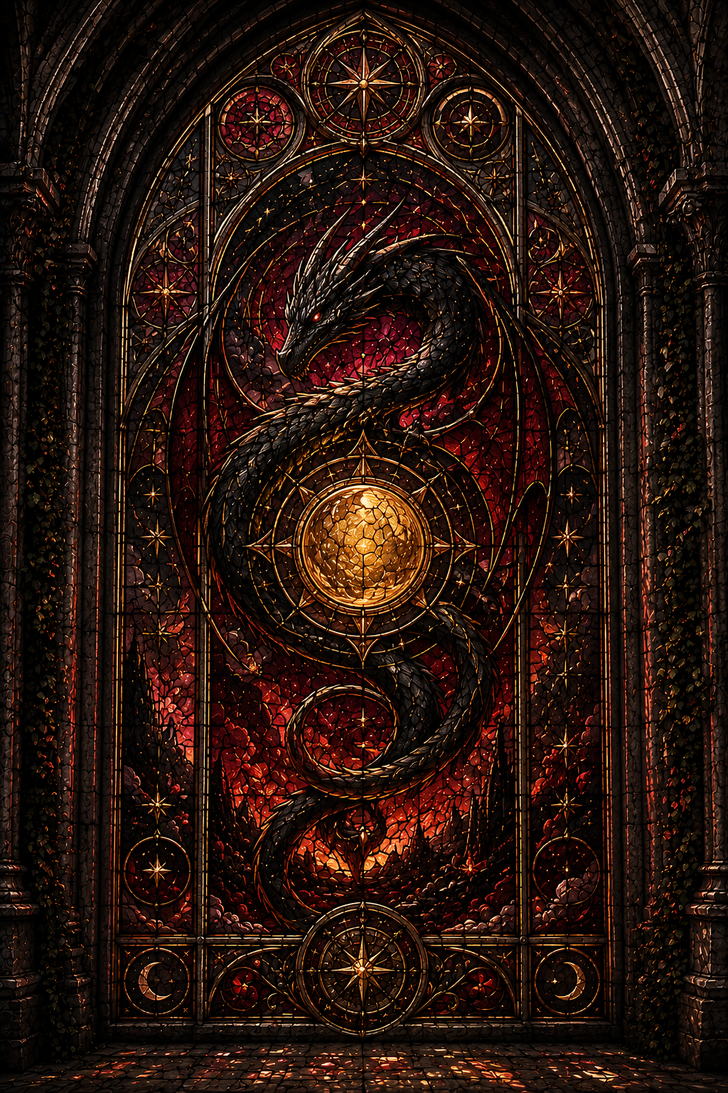 Dragon Stained Glass Wall Art, Gothic Fantasy Printable, Dark Celestial Window, Medieval Dragon Decor, Instant Digital Download