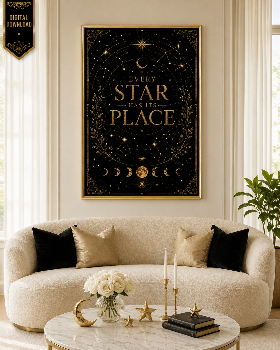 Every Star Has Its Place Wall Art, Celestial Affirmation Print, Black Gold Bookish Decor, Inspirational Digital Download