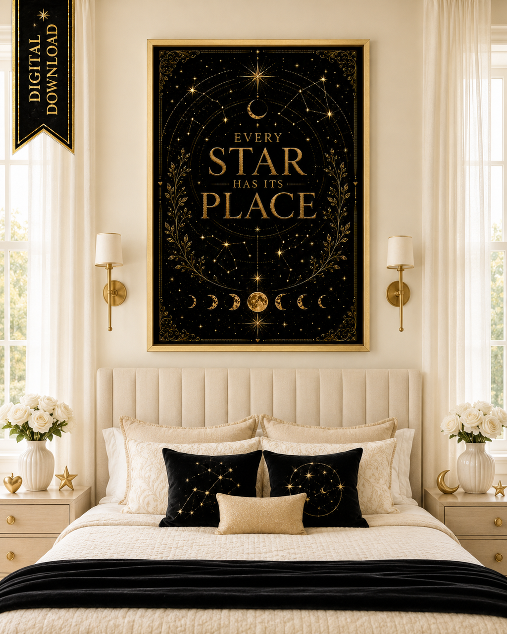 Every Star Has Its Place Wall Art, Celestial Affirmation Print, Black Gold Bookish Decor, Inspirational Digital Download