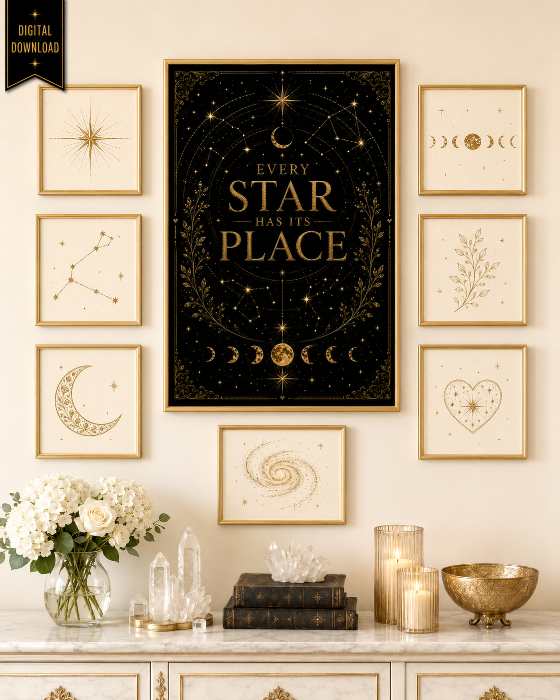 Every Star Has Its Place Wall Art, Celestial Affirmation Print, Black Gold Bookish Decor, Inspirational Digital Download