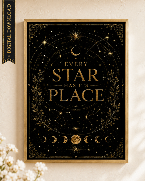 Every Star Has Its Place Wall Art, Celestial Affirmation Print, Black Gold Bookish Decor, Inspirational Digital Download