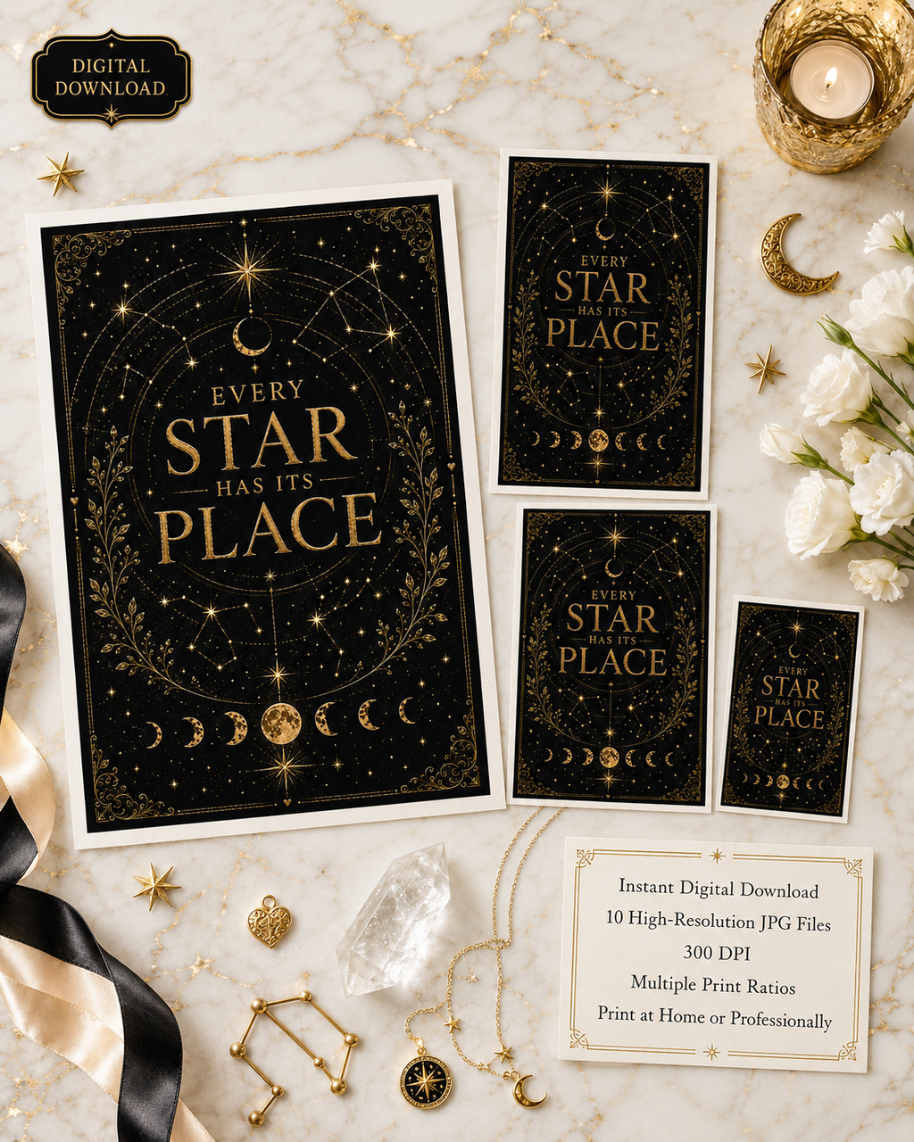 Every Star Has Its Place Wall Art, Celestial Affirmation Print, Black Gold Bookish Decor, Inspirational Digital Download