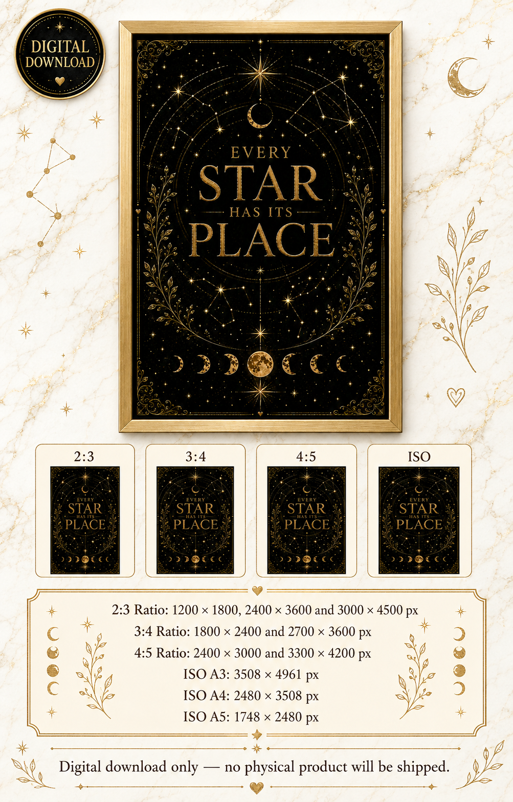 Every Star Has Its Place Wall Art, Celestial Affirmation Print, Black Gold Bookish Decor, Inspirational Digital Download