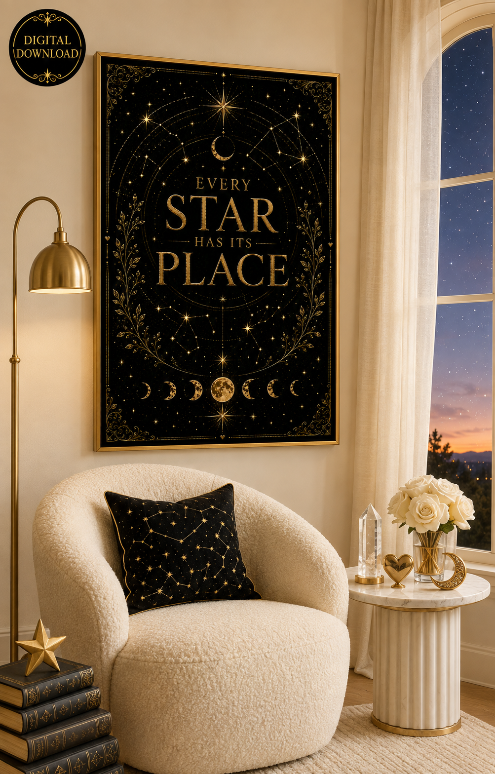 Every Star Has Its Place Wall Art, Celestial Affirmation Print, Black Gold Bookish Decor, Inspirational Digital Download