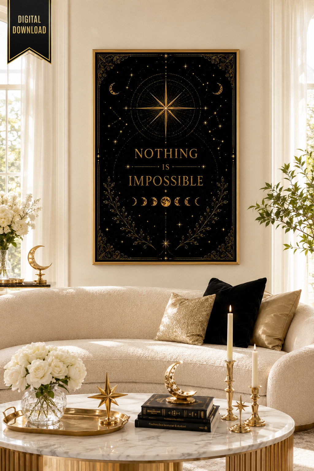 Nothing Is Impossible Wall Art, ACOTAR Quote Print, Prythian Inspired Decor, Celestial Bookish Art, Black Gold Digital Download