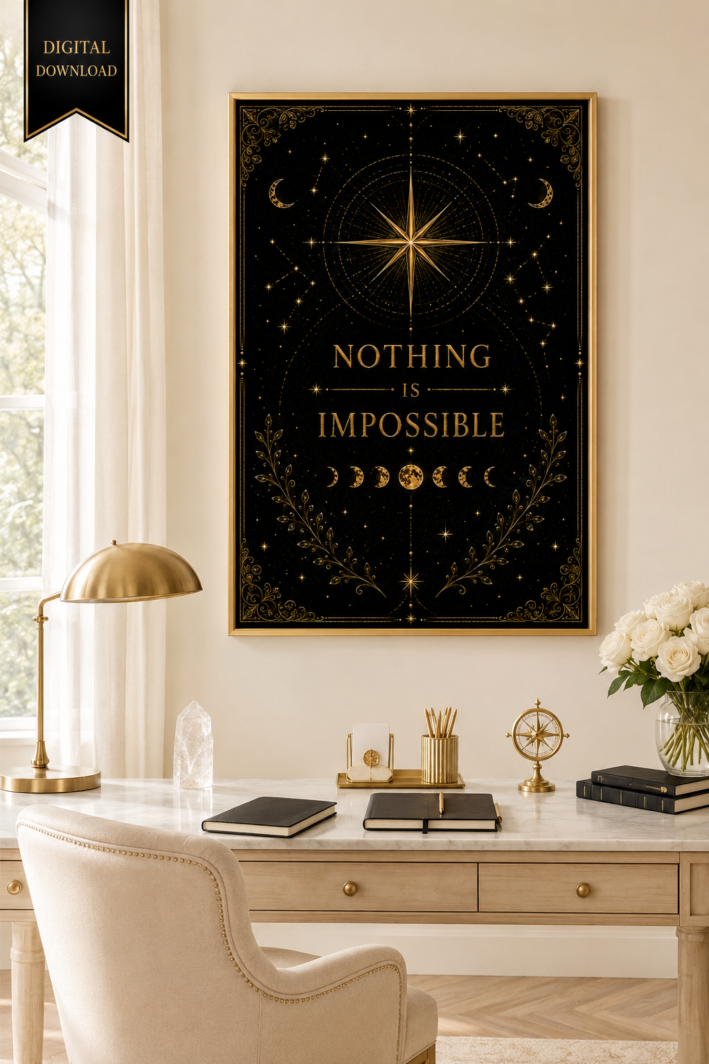Nothing Is Impossible Wall Art, ACOTAR Quote Print, Prythian Inspired Decor, Celestial Bookish Art, Black Gold Digital Download