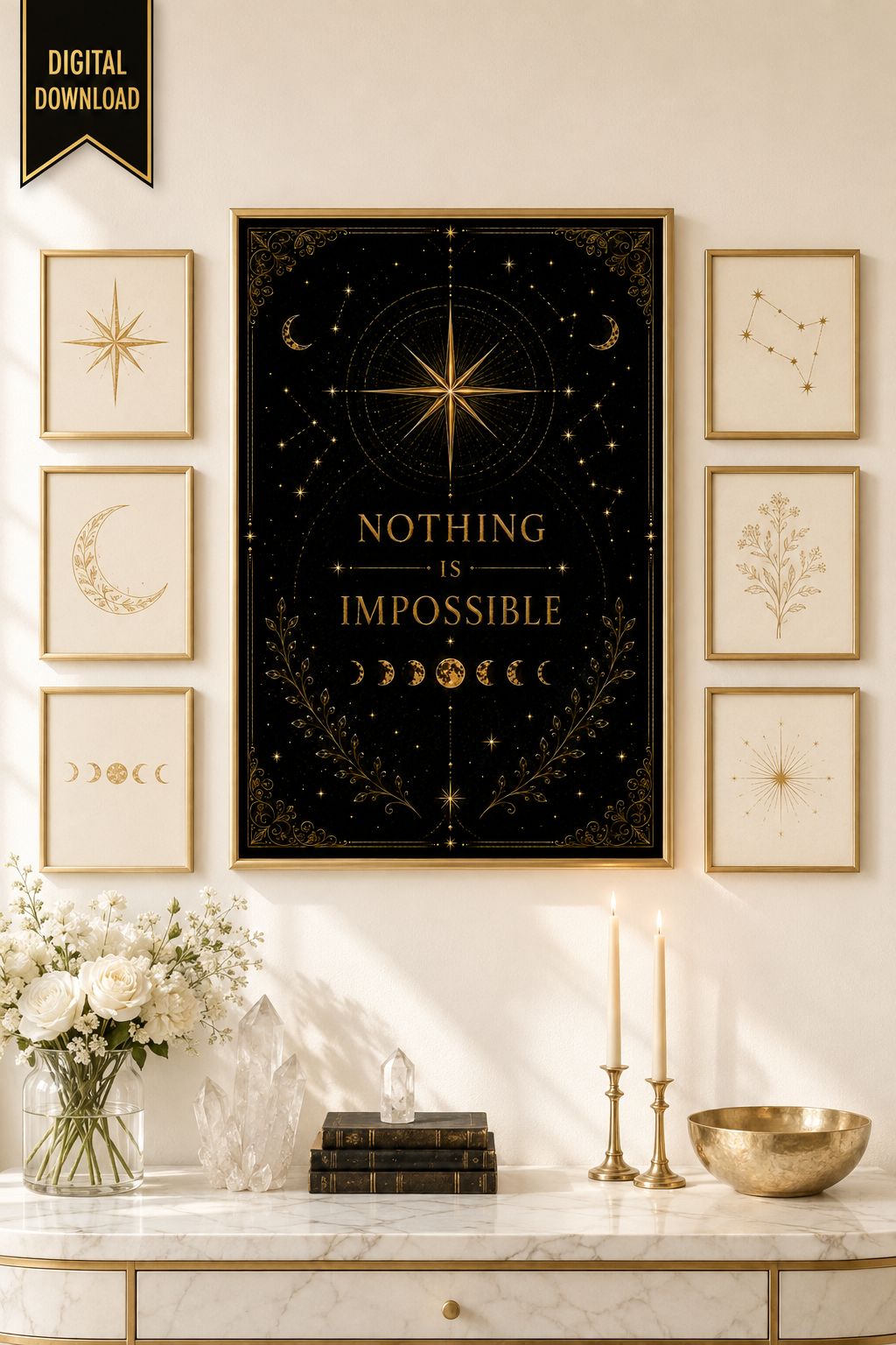 Nothing Is Impossible Wall Art, ACOTAR Quote Print, Prythian Inspired Decor, Celestial Bookish Art, Black Gold Digital Download