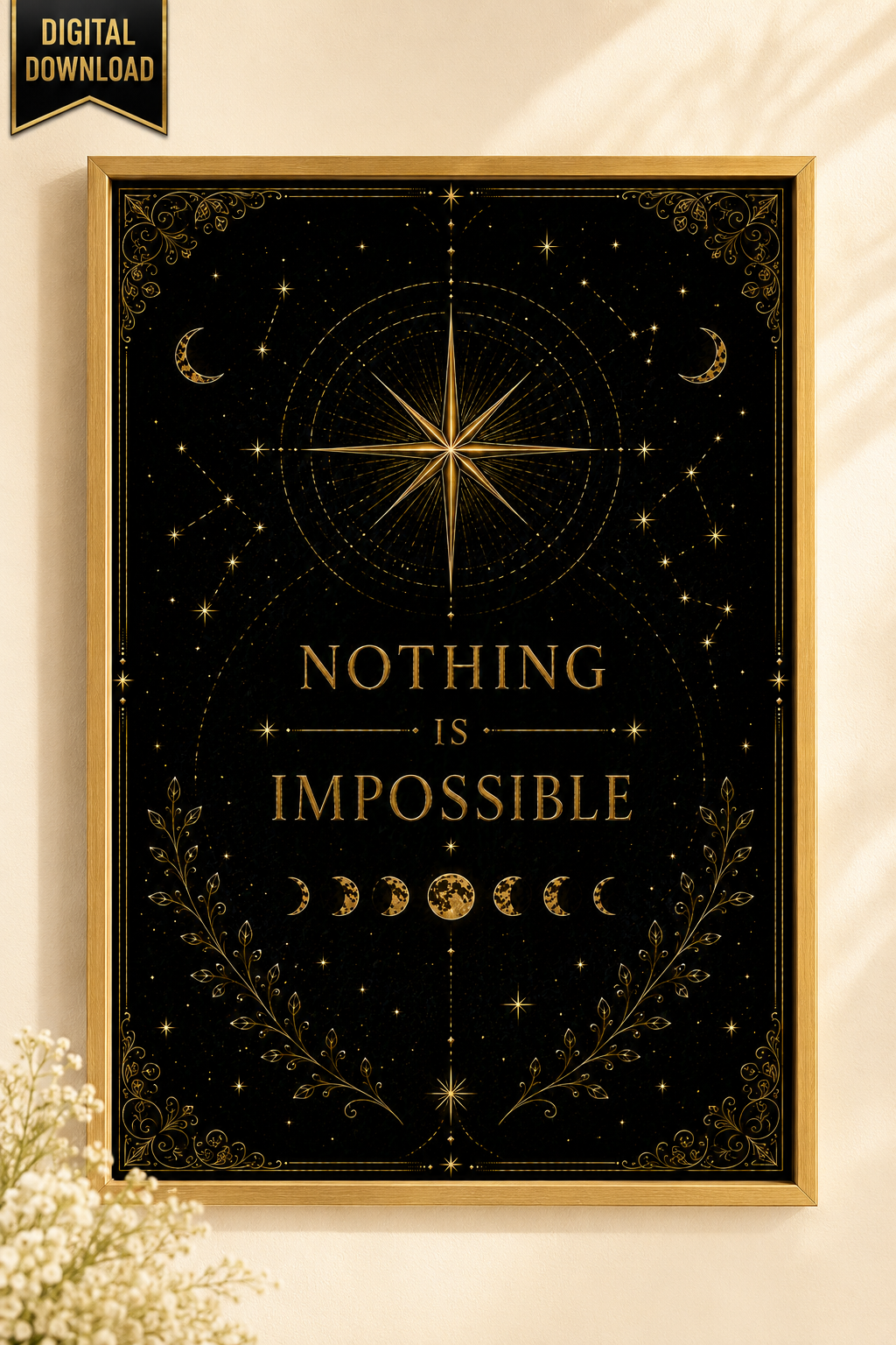Nothing Is Impossible Wall Art, ACOTAR Quote Print, Prythian Inspired Decor, Celestial Bookish Art, Black Gold Digital Download