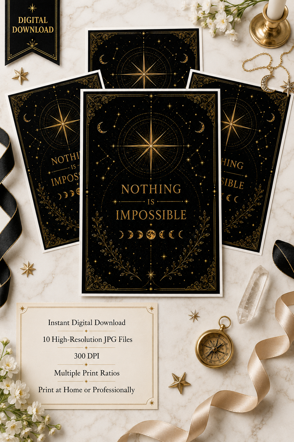 Nothing Is Impossible Wall Art, ACOTAR Quote Print, Prythian Inspired Decor, Celestial Bookish Art, Black Gold Digital Download