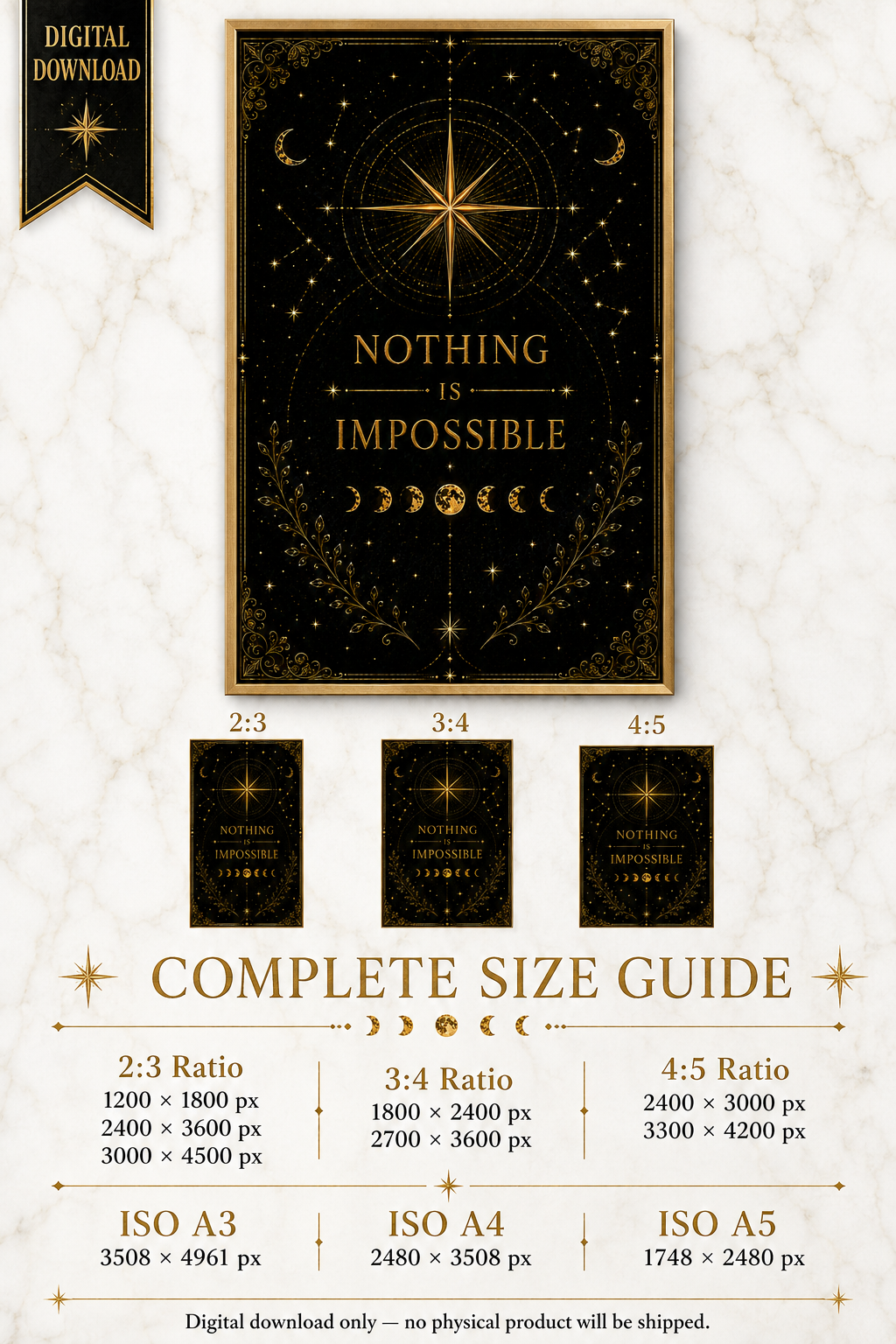 Nothing Is Impossible Wall Art, ACOTAR Quote Print, Prythian Inspired Decor, Celestial Bookish Art, Black Gold Digital Download
