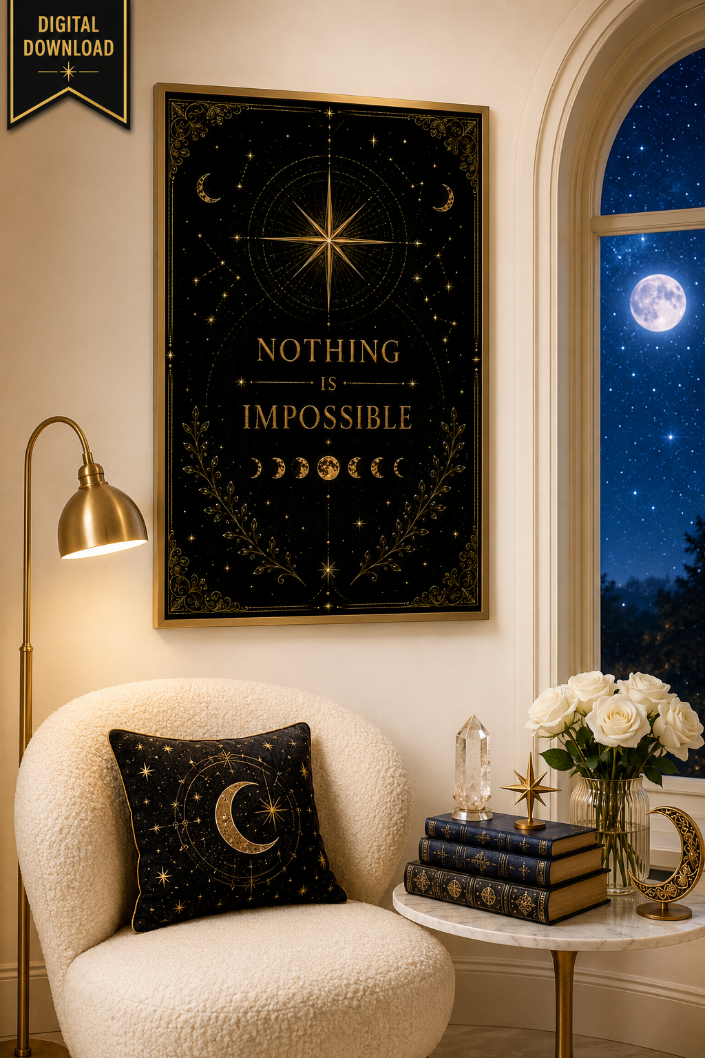 Nothing Is Impossible Wall Art, ACOTAR Quote Print, Prythian Inspired Decor, Celestial Bookish Art, Black Gold Digital Download