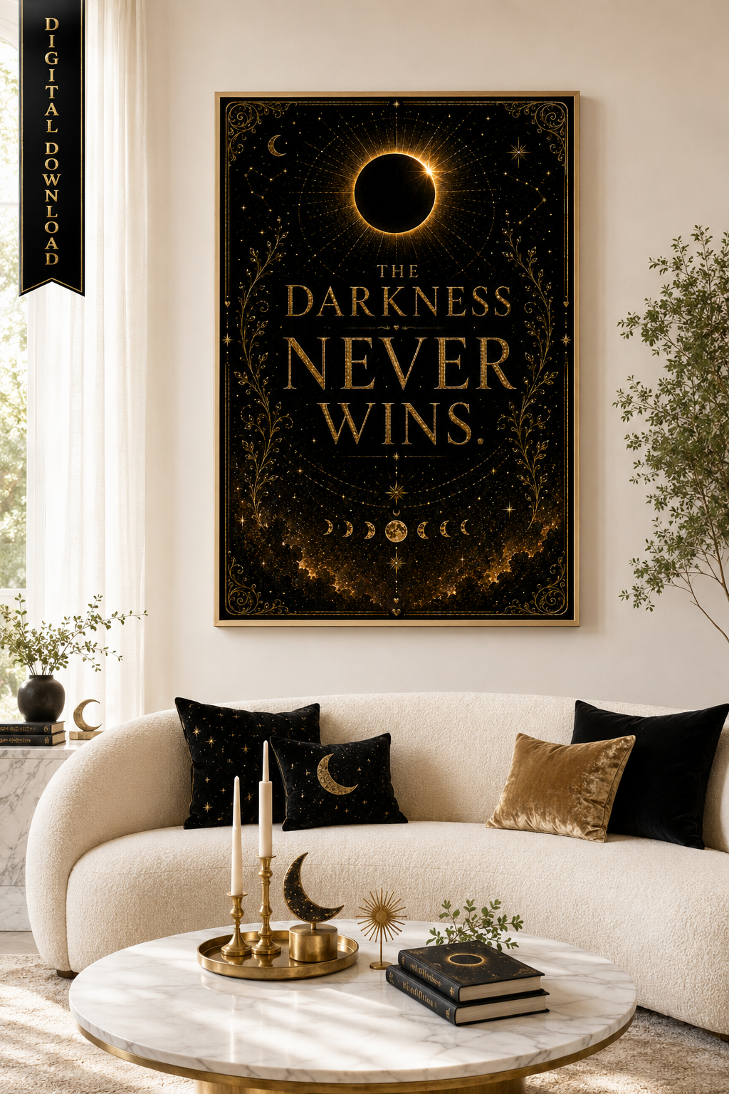 The Darkness Never Wins Wall Art, ACOTAR Quote Print, Sarah J Maas Inspired, Celestial Bookish Decor, Digital Download