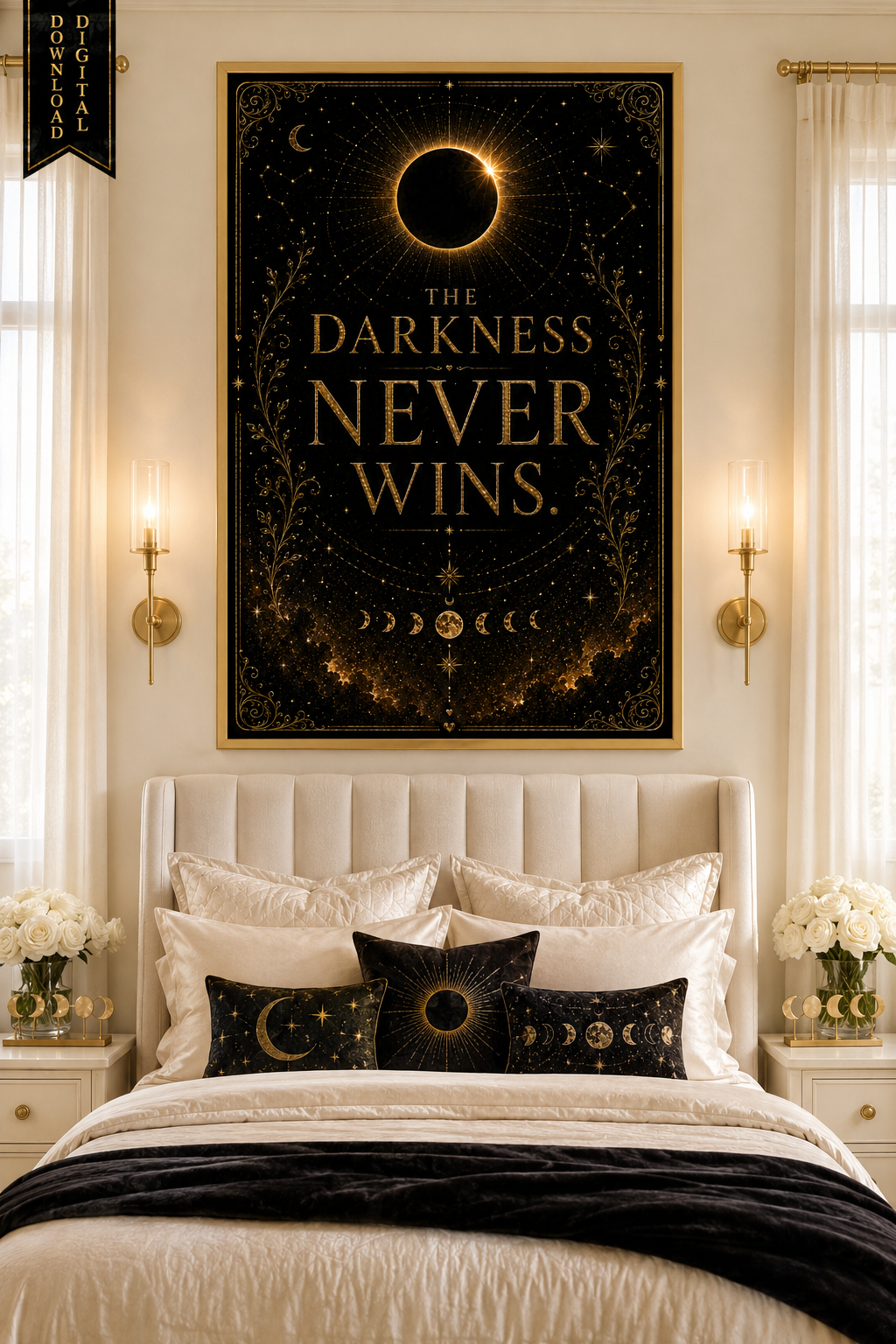 The Darkness Never Wins Wall Art, ACOTAR Quote Print, Sarah J Maas Inspired, Celestial Bookish Decor, Digital Download