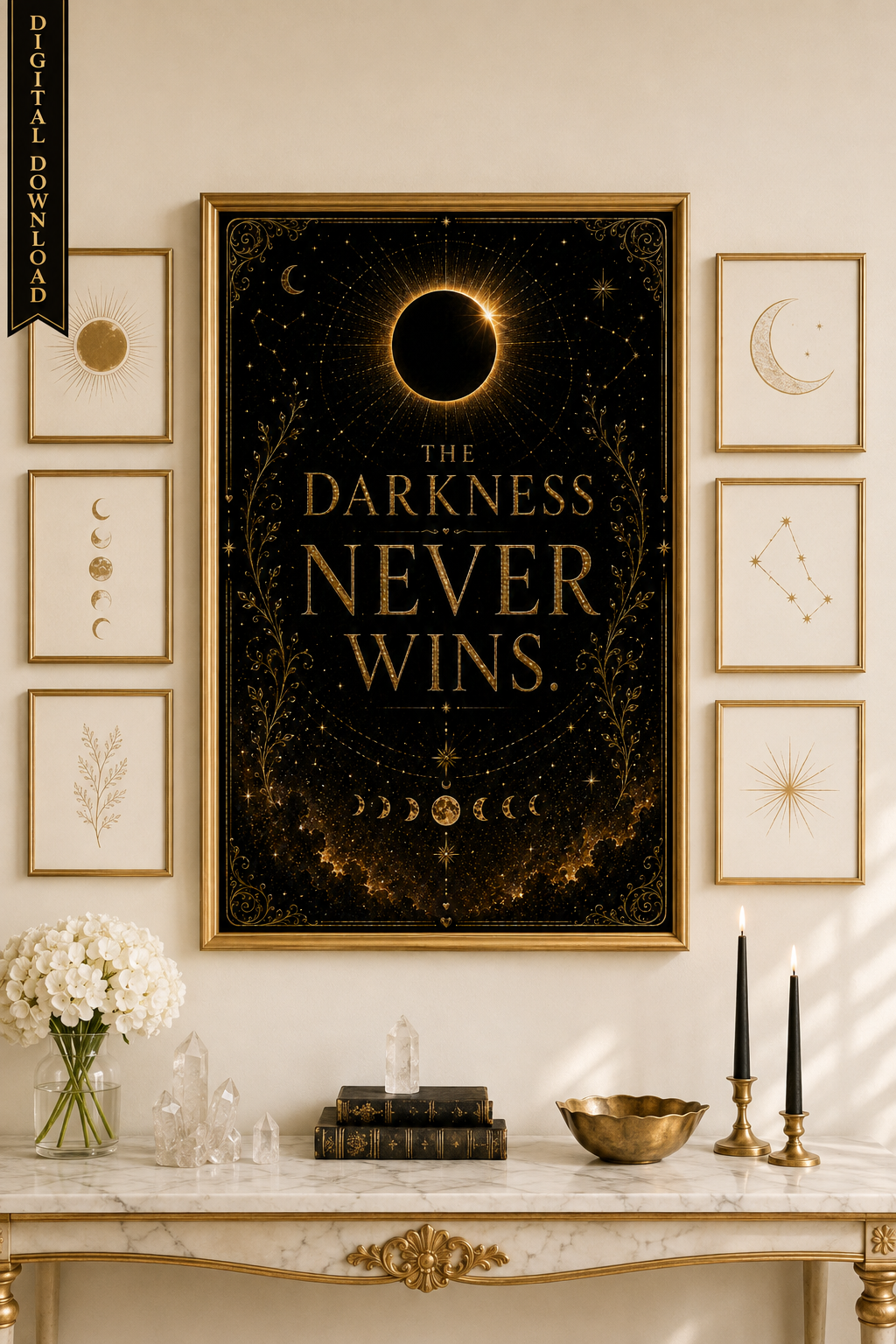 The Darkness Never Wins Wall Art, ACOTAR Quote Print, Sarah J Maas Inspired, Celestial Bookish Decor, Digital Download