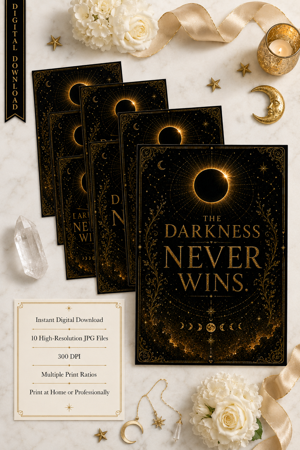 The Darkness Never Wins Wall Art, ACOTAR Quote Print, Sarah J Maas Inspired, Celestial Bookish Decor, Digital Download