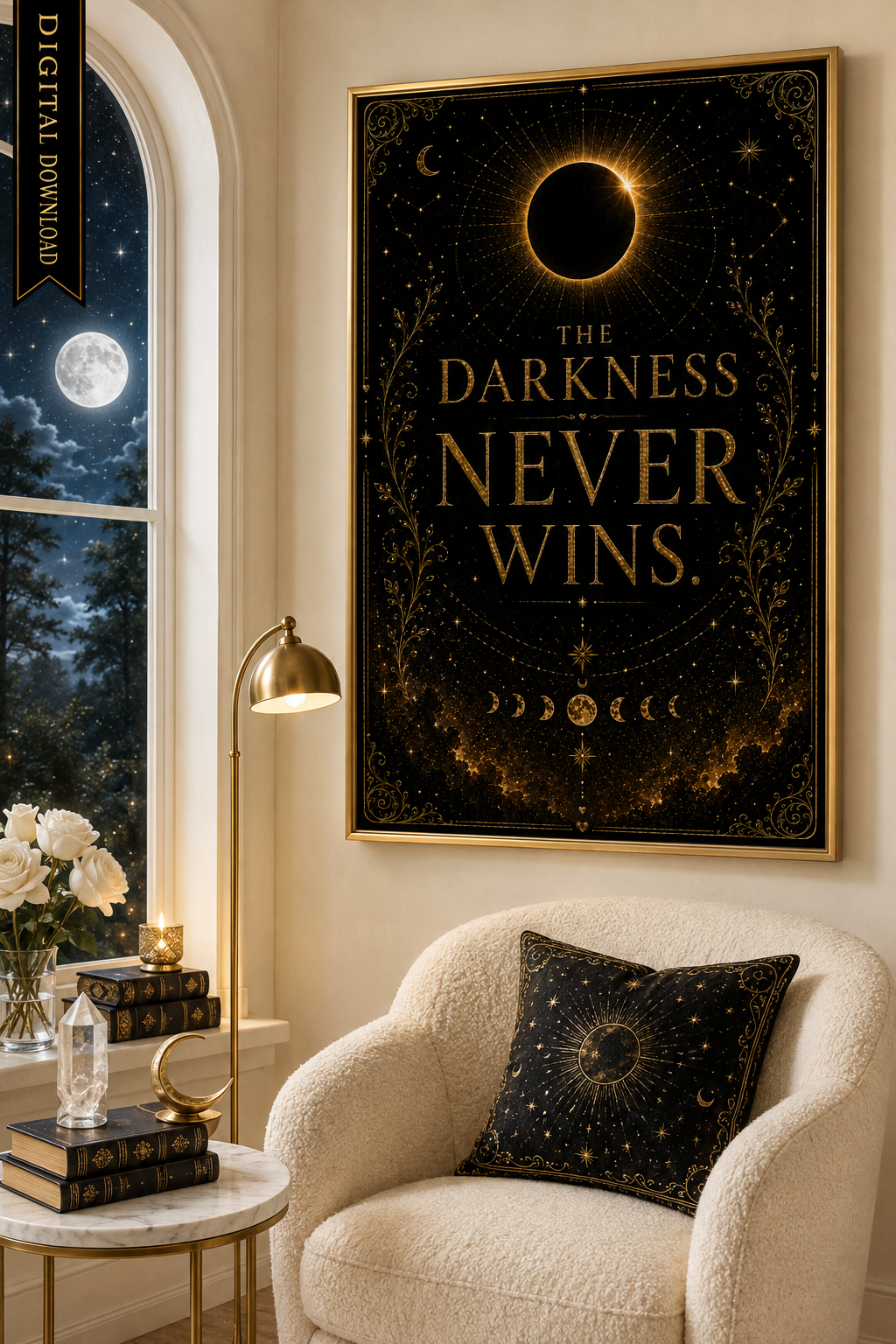 The Darkness Never Wins Wall Art, ACOTAR Quote Print, Sarah J Maas Inspired, Celestial Bookish Decor, Digital Download