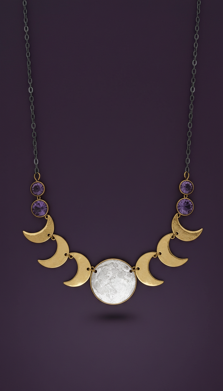 Lunar Phases Statement Necklace Brushed Gold Metal